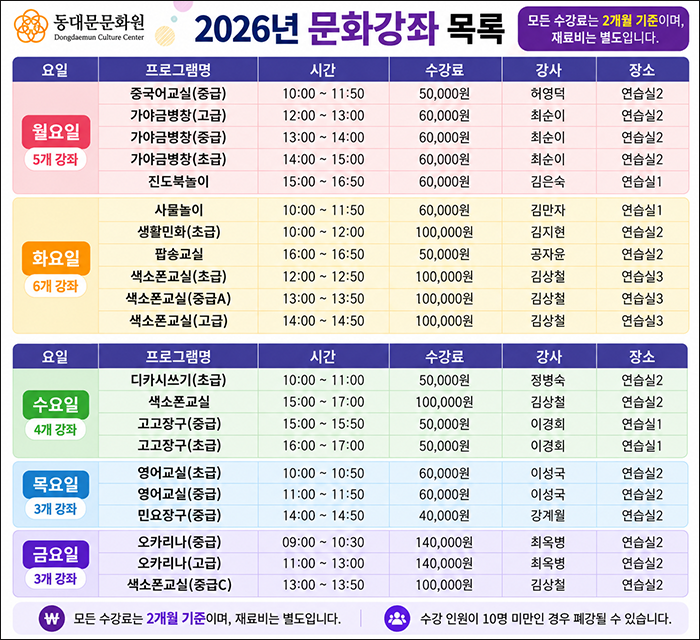 동대문문화원, 회원·문화강좌 수강생 모집…가야금부터 색소폰까지
